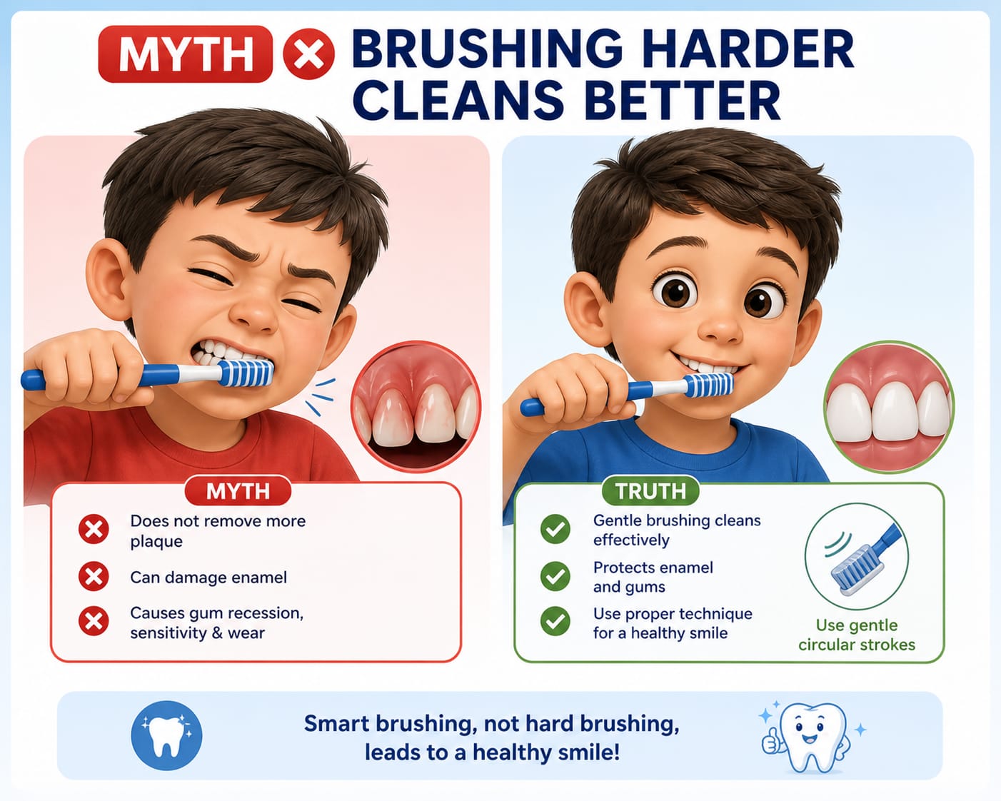 Dental myth and fact poster about brushing harder